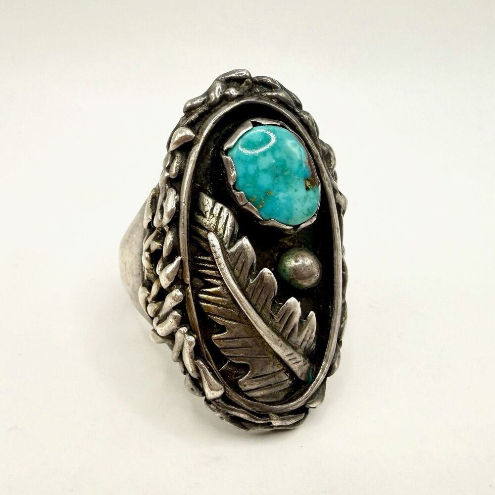 Vintage Navajo Turquoise Sterling Silver Chunky Feather Men's Old Pawn Ring 12.5